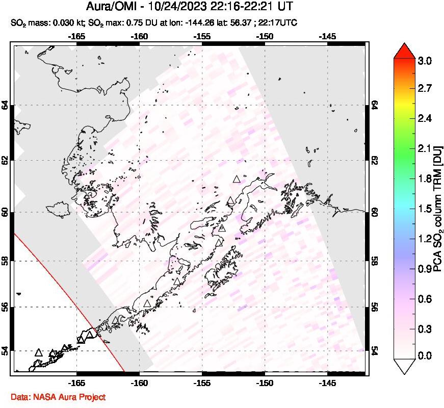 A sulfur dioxide image over Alaska, USA on Oct 24, 2023.