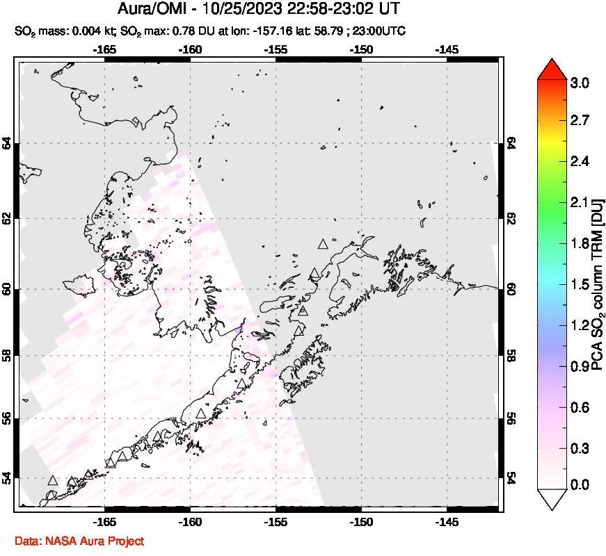 A sulfur dioxide image over Alaska, USA on Oct 25, 2023.