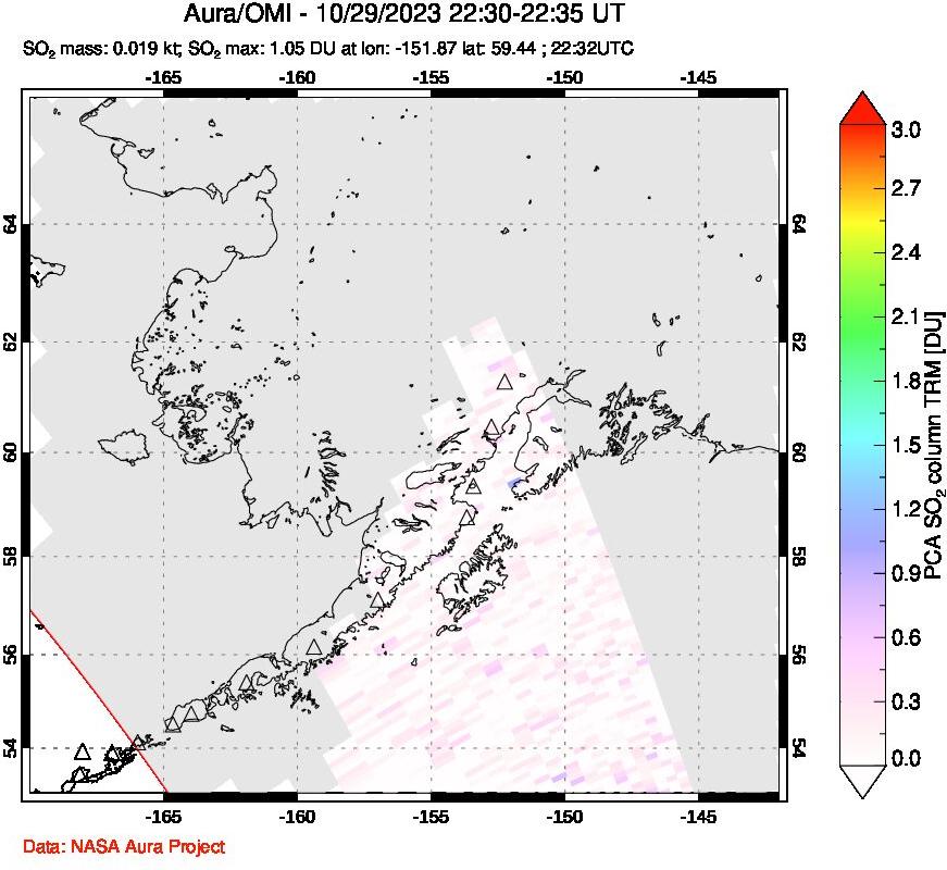 A sulfur dioxide image over Alaska, USA on Oct 29, 2023.