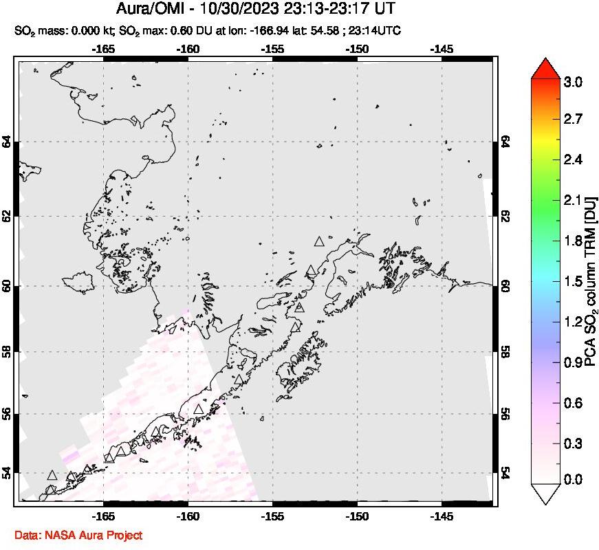 A sulfur dioxide image over Alaska, USA on Oct 30, 2023.