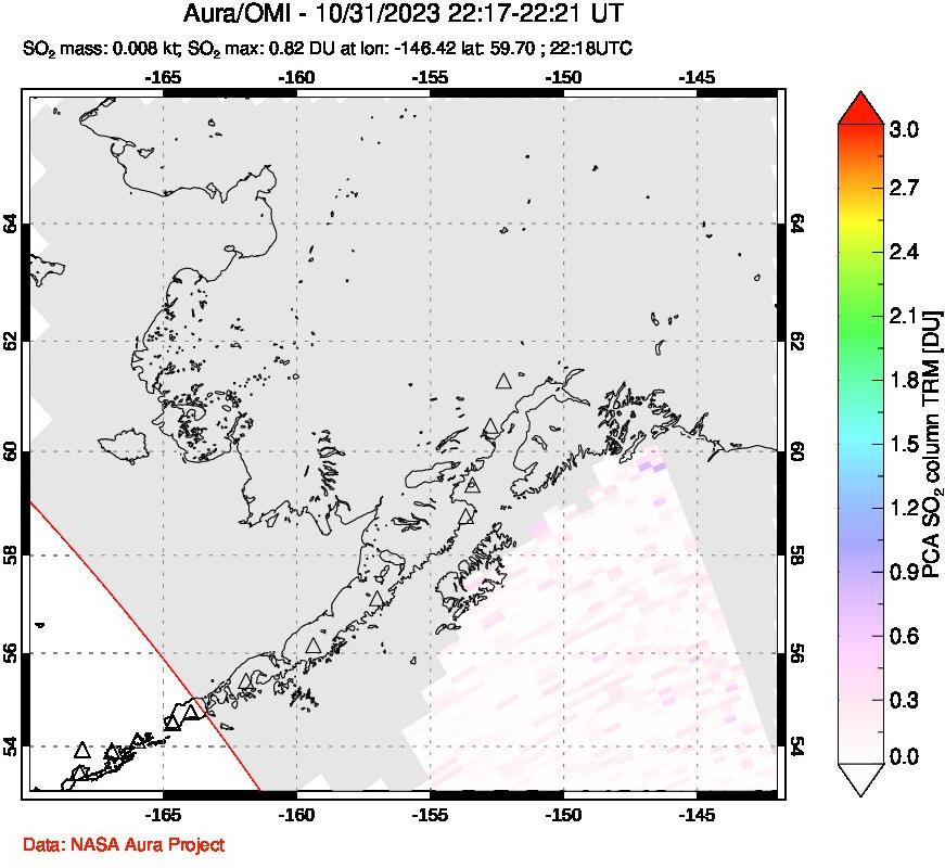 A sulfur dioxide image over Alaska, USA on Oct 31, 2023.