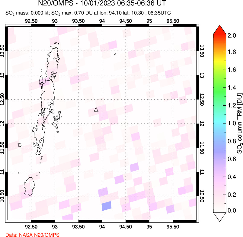 A sulfur dioxide image over Andaman Islands, Indian Ocean on Oct 01, 2023.