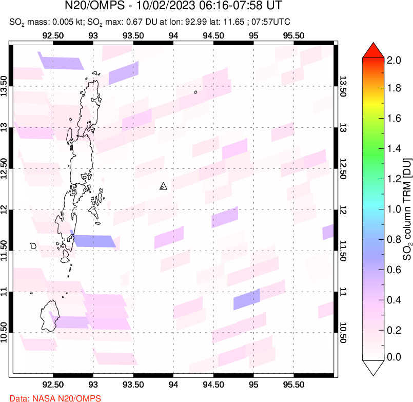 A sulfur dioxide image over Andaman Islands, Indian Ocean on Oct 02, 2023.