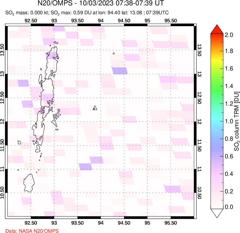 A sulfur dioxide image over Andaman Islands, Indian Ocean on Oct 03, 2023.