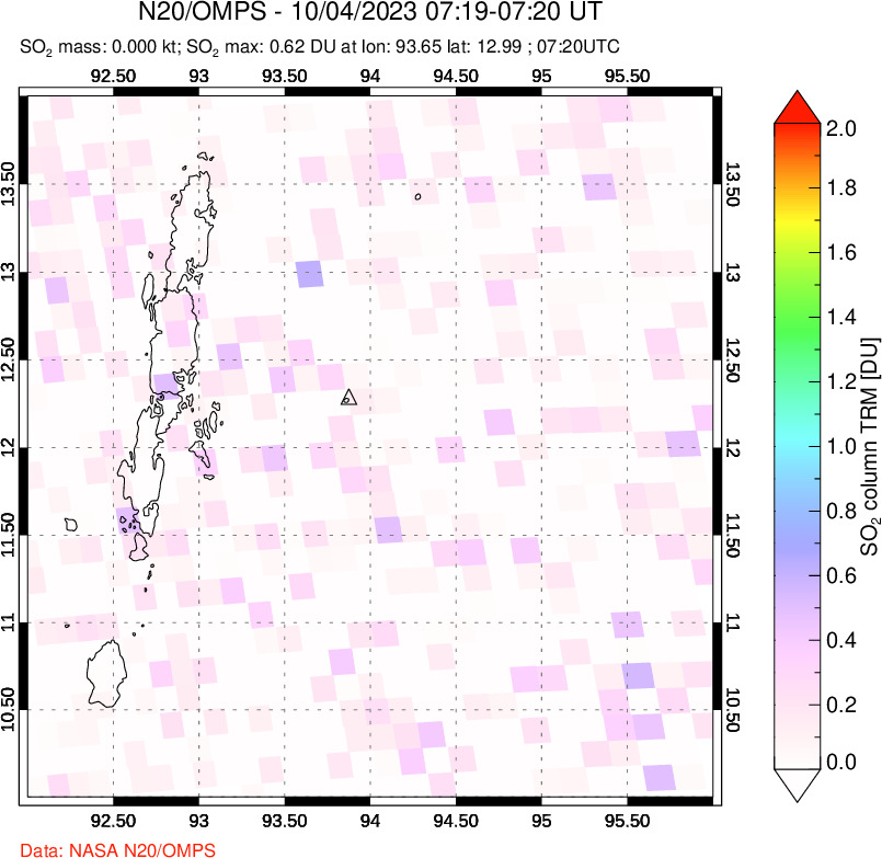 A sulfur dioxide image over Andaman Islands, Indian Ocean on Oct 04, 2023.