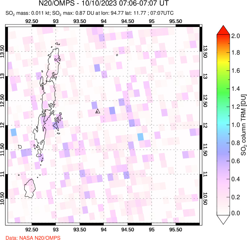 A sulfur dioxide image over Andaman Islands, Indian Ocean on Oct 10, 2023.