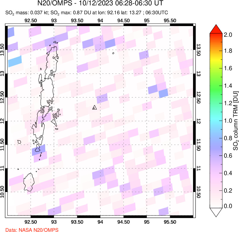 A sulfur dioxide image over Andaman Islands, Indian Ocean on Oct 12, 2023.