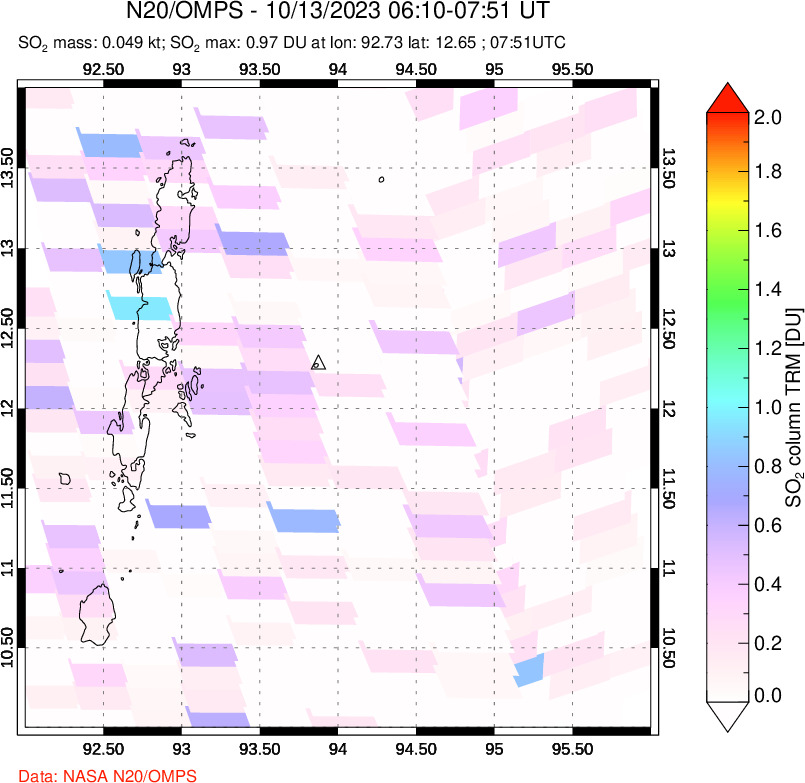 A sulfur dioxide image over Andaman Islands, Indian Ocean on Oct 13, 2023.