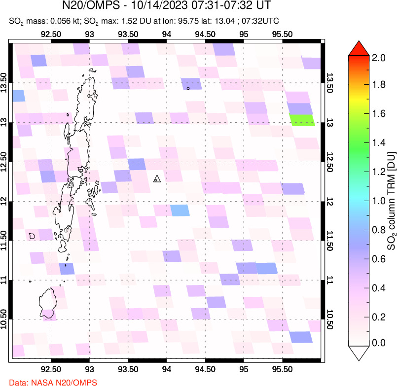 A sulfur dioxide image over Andaman Islands, Indian Ocean on Oct 14, 2023.