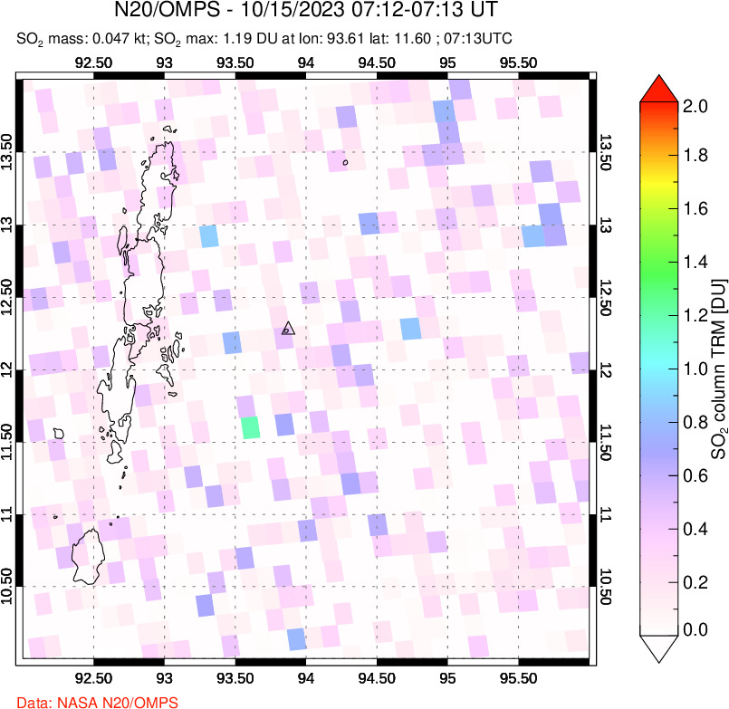 A sulfur dioxide image over Andaman Islands, Indian Ocean on Oct 15, 2023.