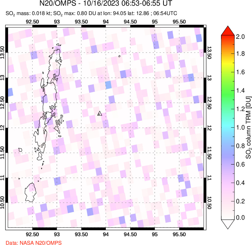 A sulfur dioxide image over Andaman Islands, Indian Ocean on Oct 16, 2023.