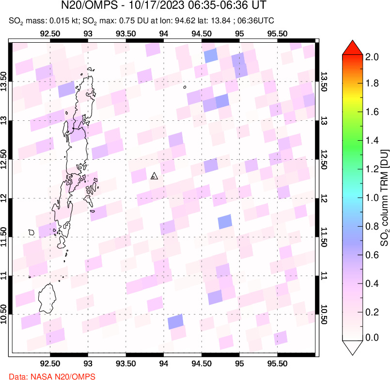 A sulfur dioxide image over Andaman Islands, Indian Ocean on Oct 17, 2023.