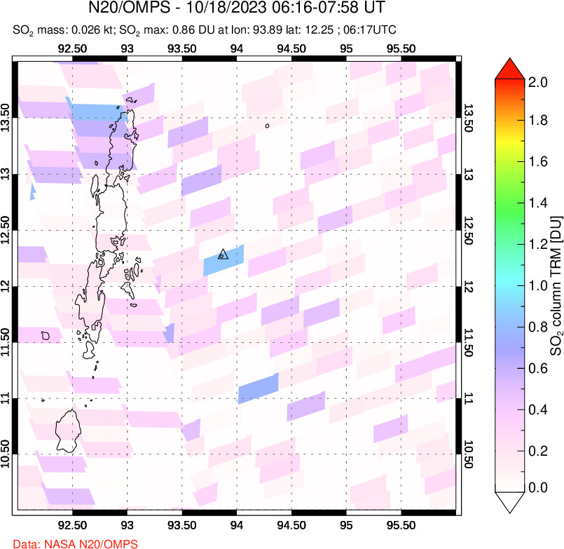 A sulfur dioxide image over Andaman Islands, Indian Ocean on Oct 18, 2023.