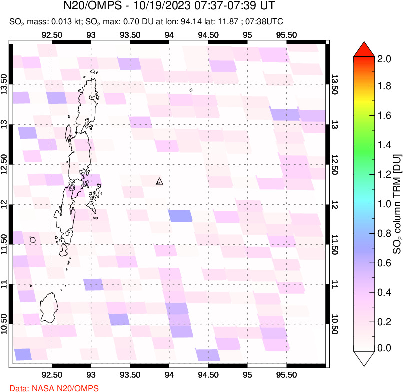 A sulfur dioxide image over Andaman Islands, Indian Ocean on Oct 19, 2023.