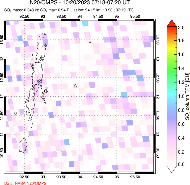 A sulfur dioxide image over Andaman Islands, Indian Ocean on Oct 20, 2023.