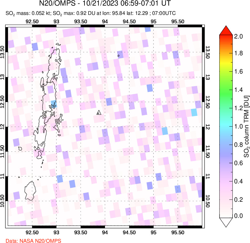 A sulfur dioxide image over Andaman Islands, Indian Ocean on Oct 21, 2023.