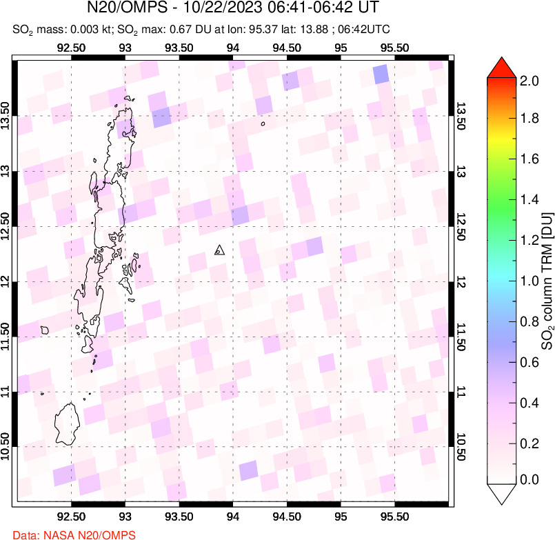 A sulfur dioxide image over Andaman Islands, Indian Ocean on Oct 22, 2023.