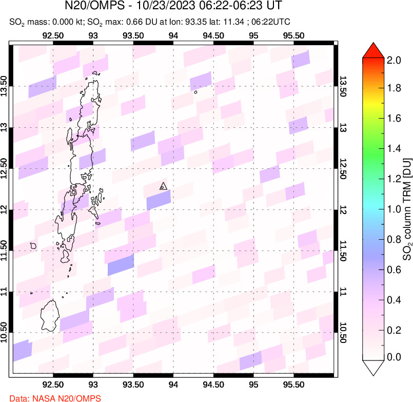 A sulfur dioxide image over Andaman Islands, Indian Ocean on Oct 23, 2023.