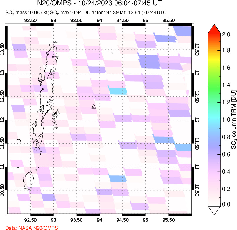 A sulfur dioxide image over Andaman Islands, Indian Ocean on Oct 24, 2023.