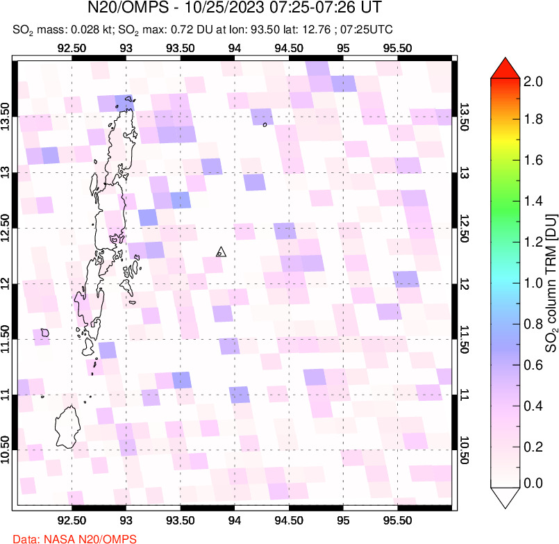 A sulfur dioxide image over Andaman Islands, Indian Ocean on Oct 25, 2023.