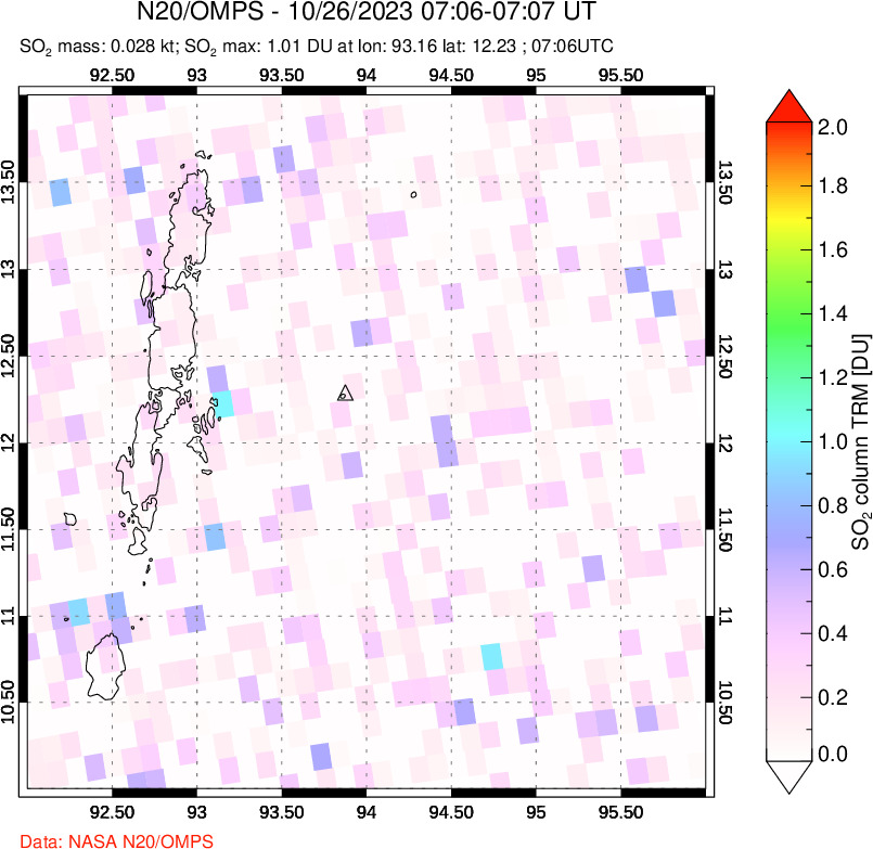 A sulfur dioxide image over Andaman Islands, Indian Ocean on Oct 26, 2023.