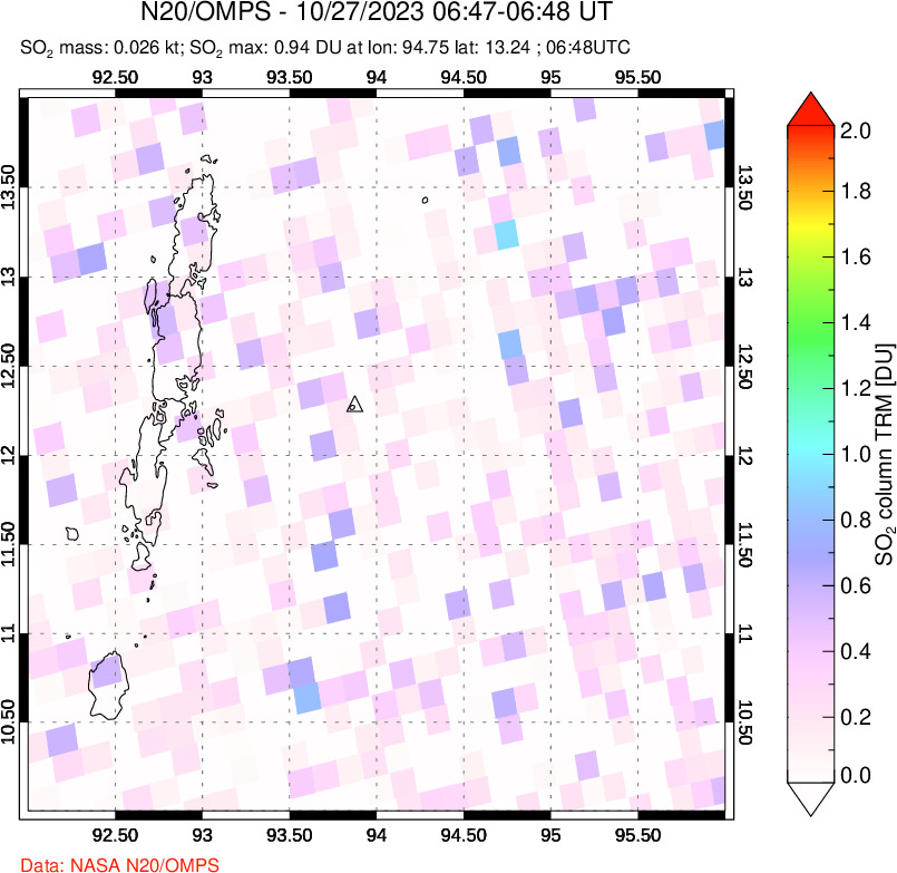 A sulfur dioxide image over Andaman Islands, Indian Ocean on Oct 27, 2023.