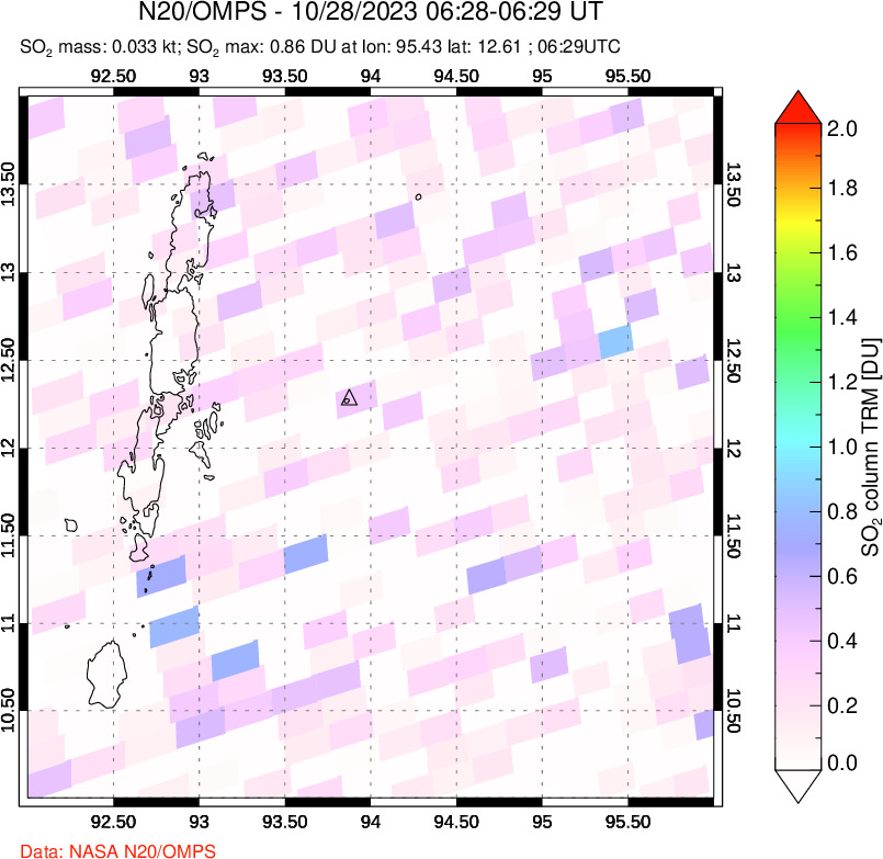 A sulfur dioxide image over Andaman Islands, Indian Ocean on Oct 28, 2023.