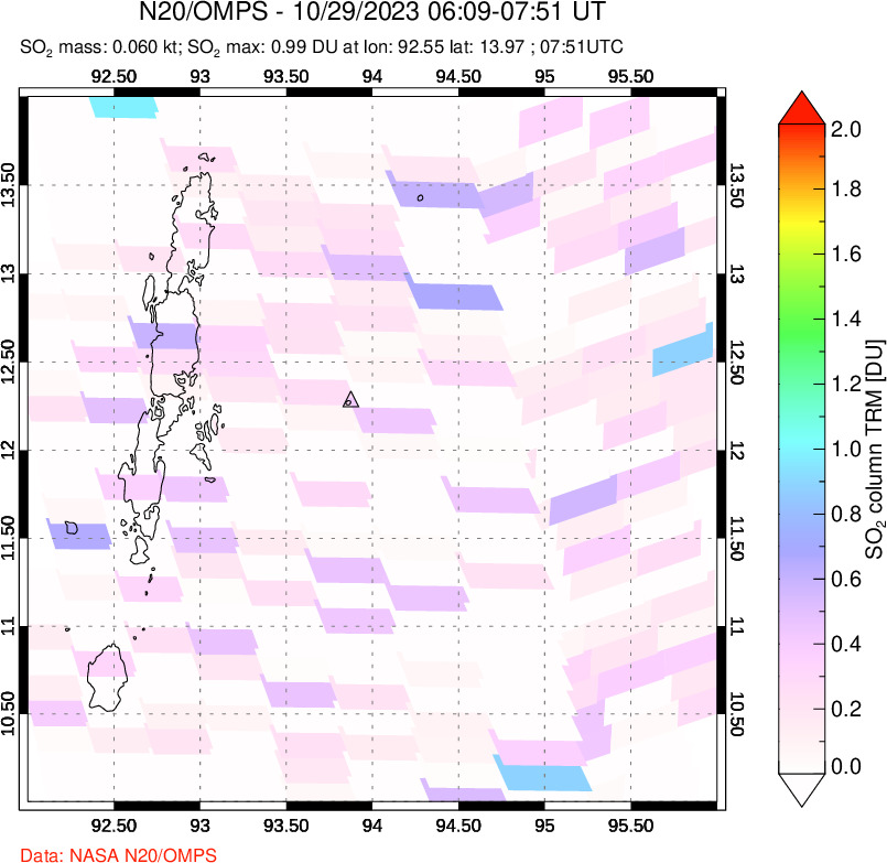 A sulfur dioxide image over Andaman Islands, Indian Ocean on Oct 29, 2023.