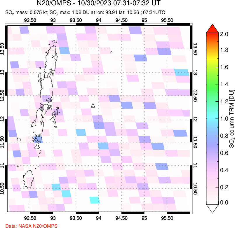 A sulfur dioxide image over Andaman Islands, Indian Ocean on Oct 30, 2023.