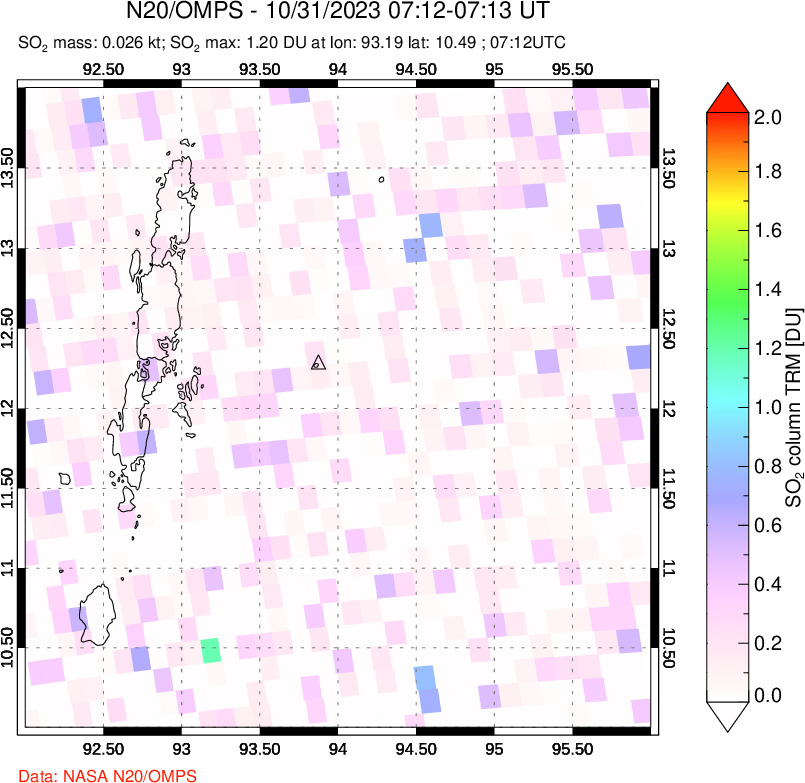 A sulfur dioxide image over Andaman Islands, Indian Ocean on Oct 31, 2023.