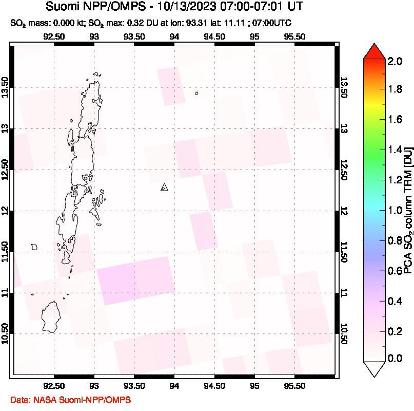 A sulfur dioxide image over Andaman Islands, Indian Ocean on Oct 13, 2023.