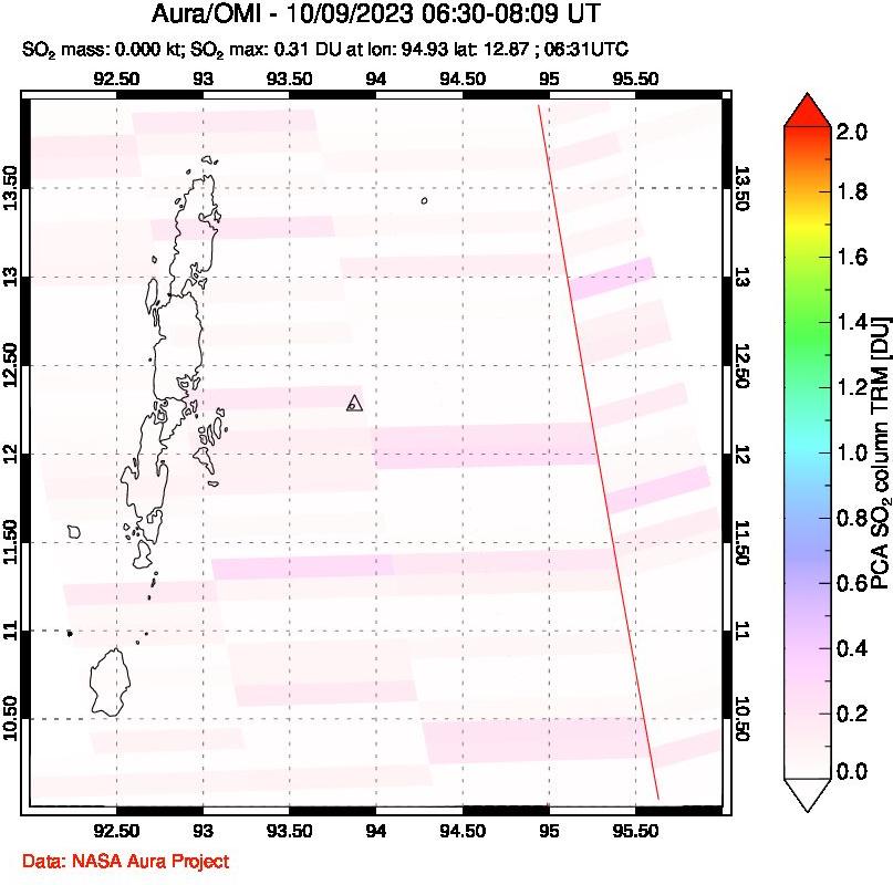A sulfur dioxide image over Andaman Islands, Indian Ocean on Oct 09, 2023.