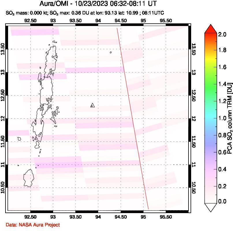 A sulfur dioxide image over Andaman Islands, Indian Ocean on Oct 23, 2023.
