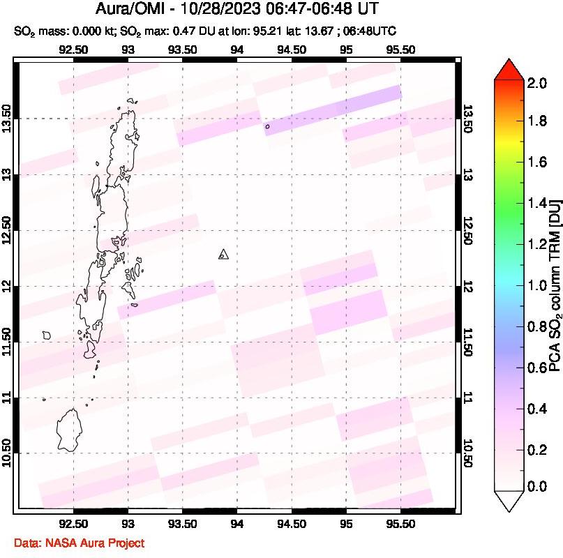 A sulfur dioxide image over Andaman Islands, Indian Ocean on Oct 28, 2023.