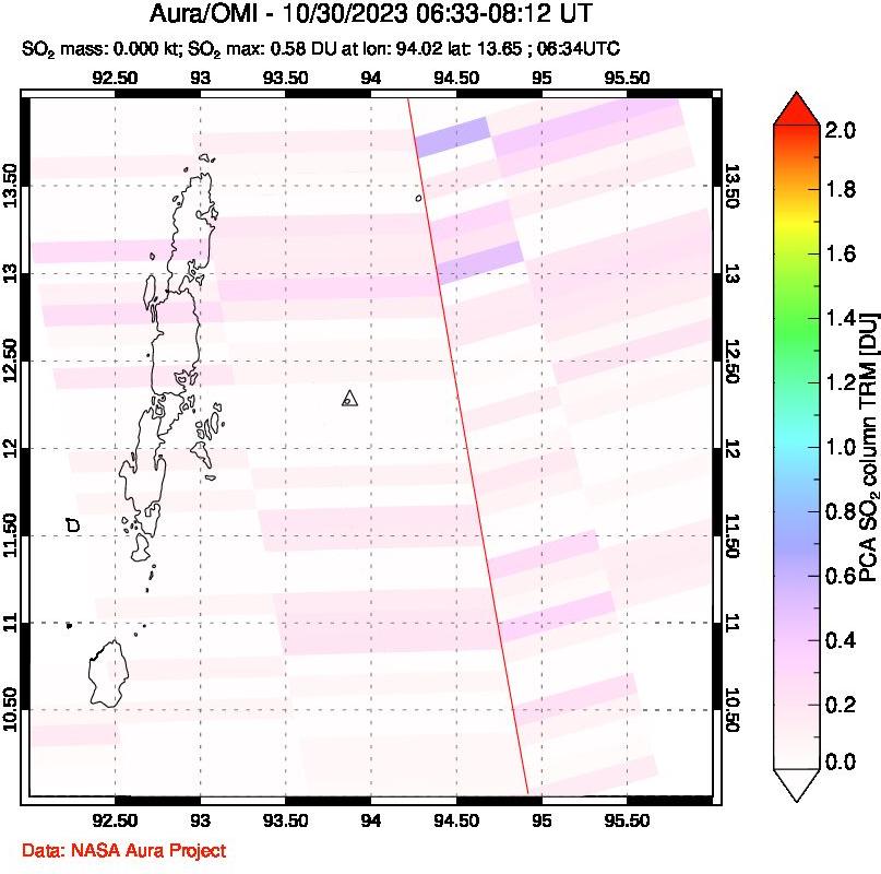 A sulfur dioxide image over Andaman Islands, Indian Ocean on Oct 30, 2023.