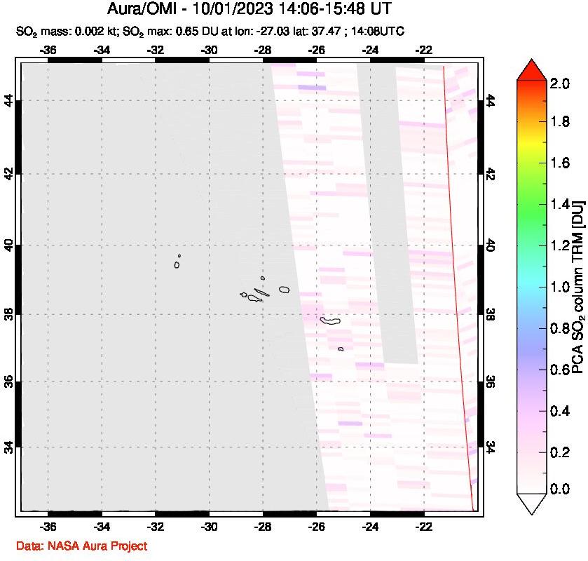 A sulfur dioxide image over Azore Islands, Portugal on Oct 01, 2023.