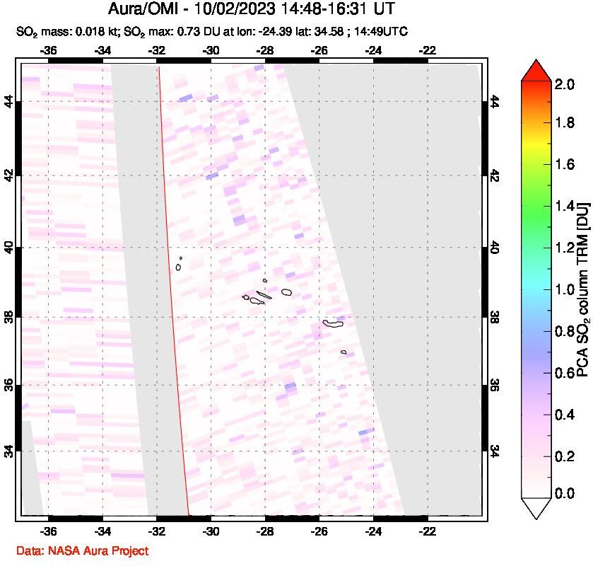 A sulfur dioxide image over Azore Islands, Portugal on Oct 02, 2023.