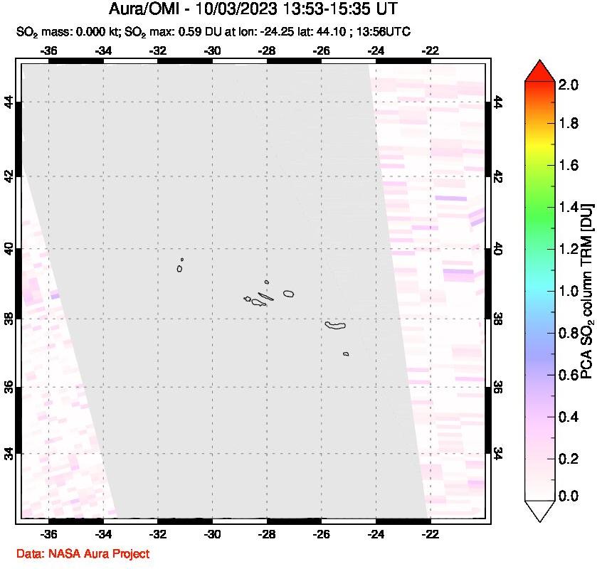 A sulfur dioxide image over Azore Islands, Portugal on Oct 03, 2023.