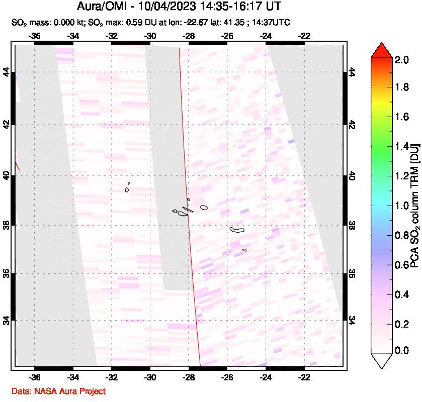 A sulfur dioxide image over Azore Islands, Portugal on Oct 04, 2023.