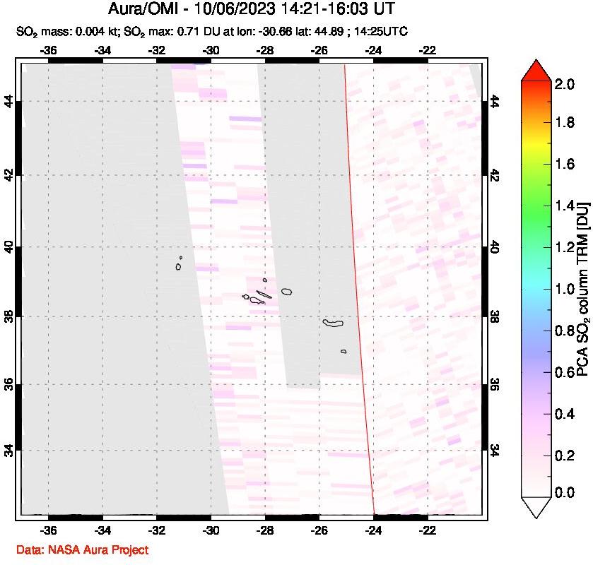 A sulfur dioxide image over Azore Islands, Portugal on Oct 06, 2023.