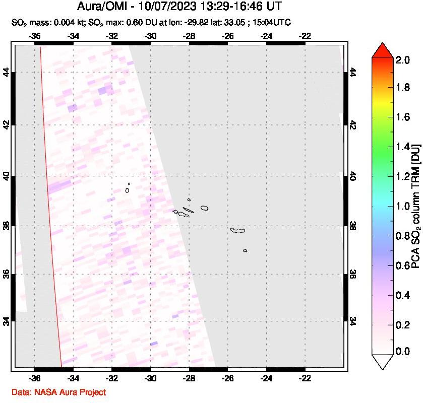 A sulfur dioxide image over Azore Islands, Portugal on Oct 07, 2023.