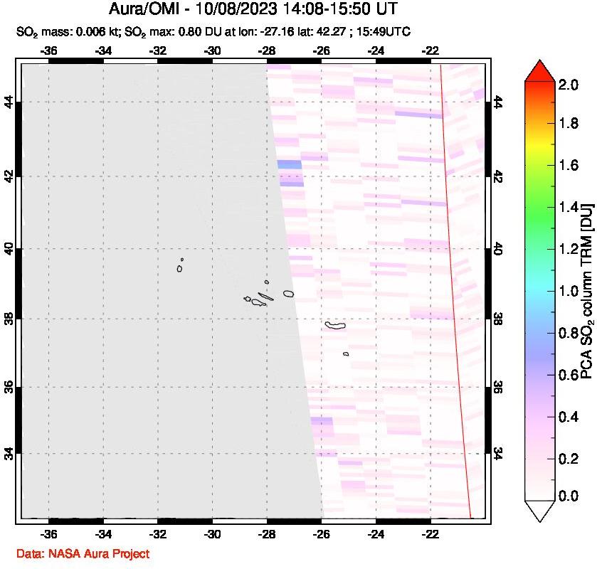 A sulfur dioxide image over Azore Islands, Portugal on Oct 08, 2023.