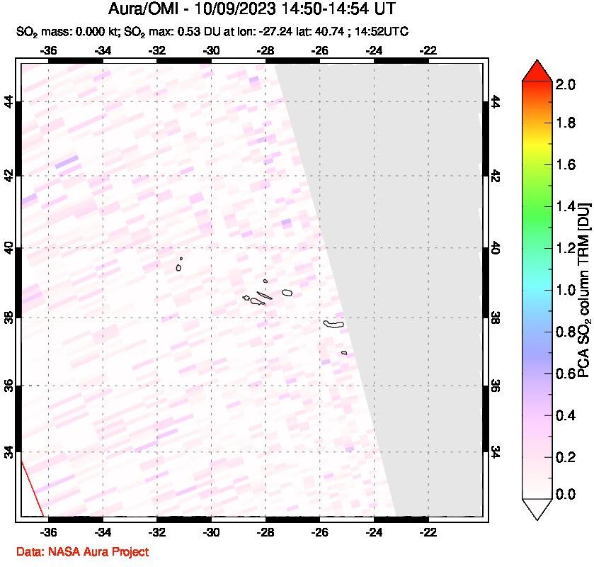 A sulfur dioxide image over Azore Islands, Portugal on Oct 09, 2023.