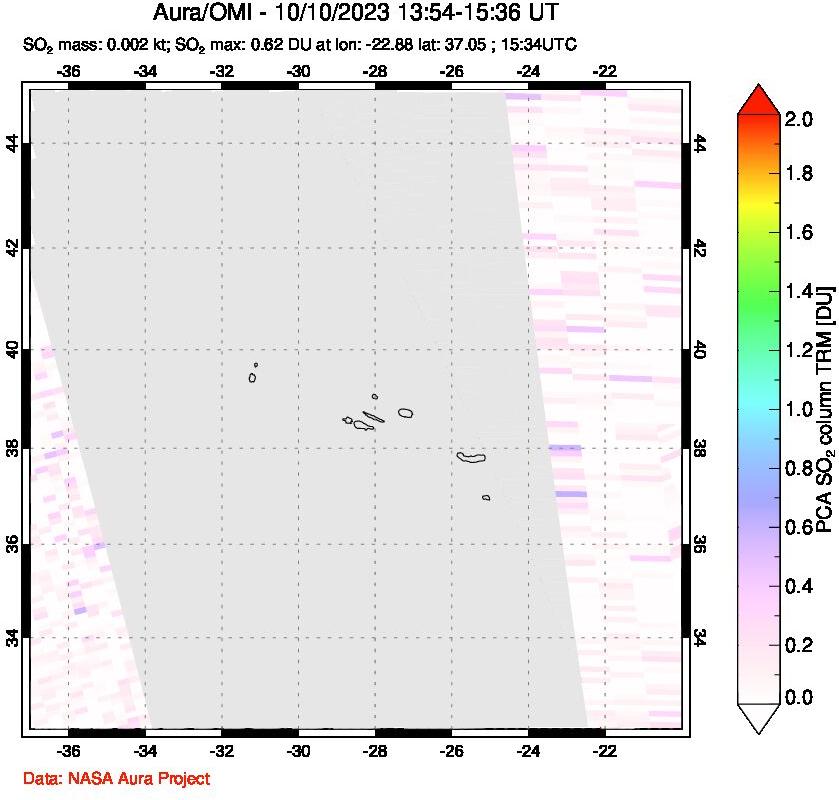 A sulfur dioxide image over Azore Islands, Portugal on Oct 10, 2023.