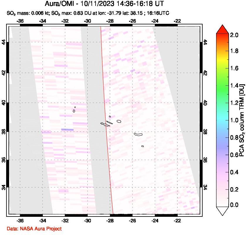 A sulfur dioxide image over Azore Islands, Portugal on Oct 11, 2023.