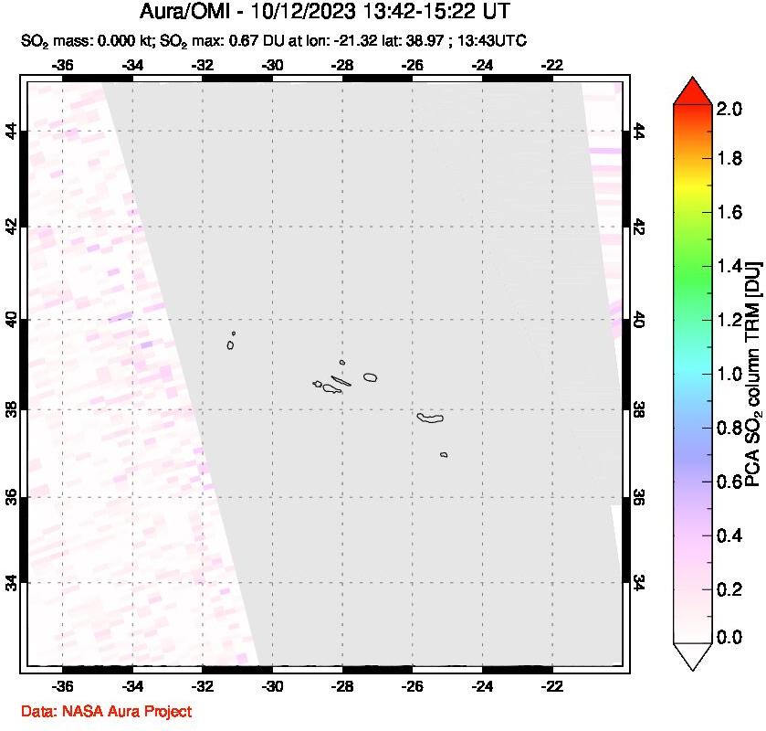 A sulfur dioxide image over Azore Islands, Portugal on Oct 12, 2023.