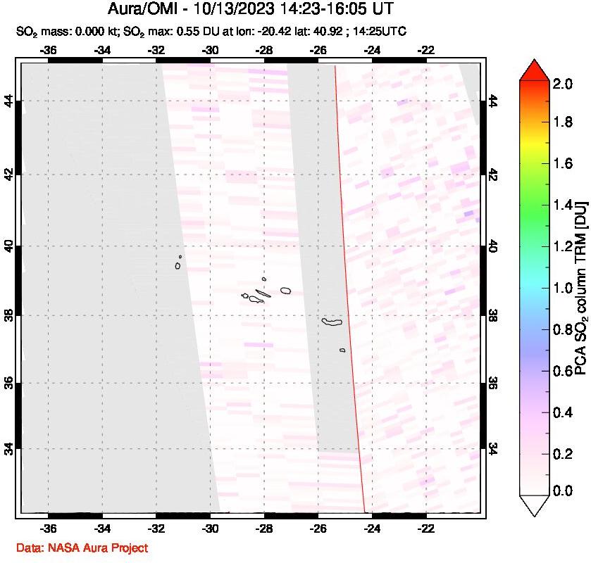 A sulfur dioxide image over Azore Islands, Portugal on Oct 13, 2023.