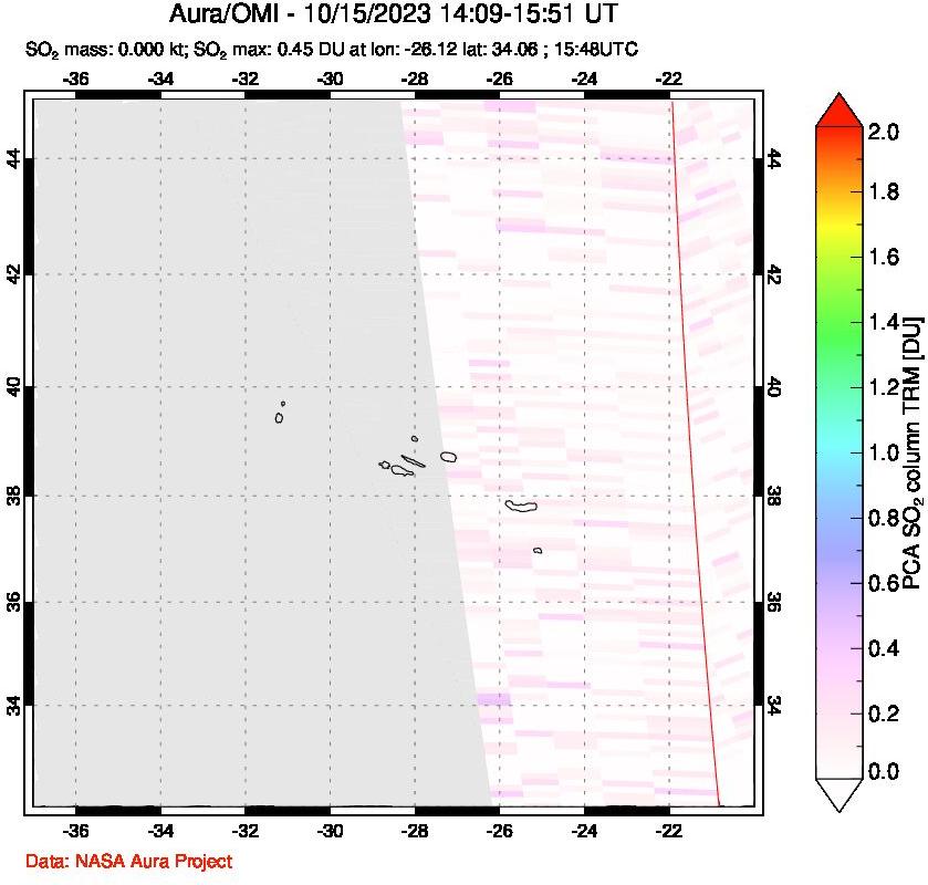 A sulfur dioxide image over Azore Islands, Portugal on Oct 15, 2023.