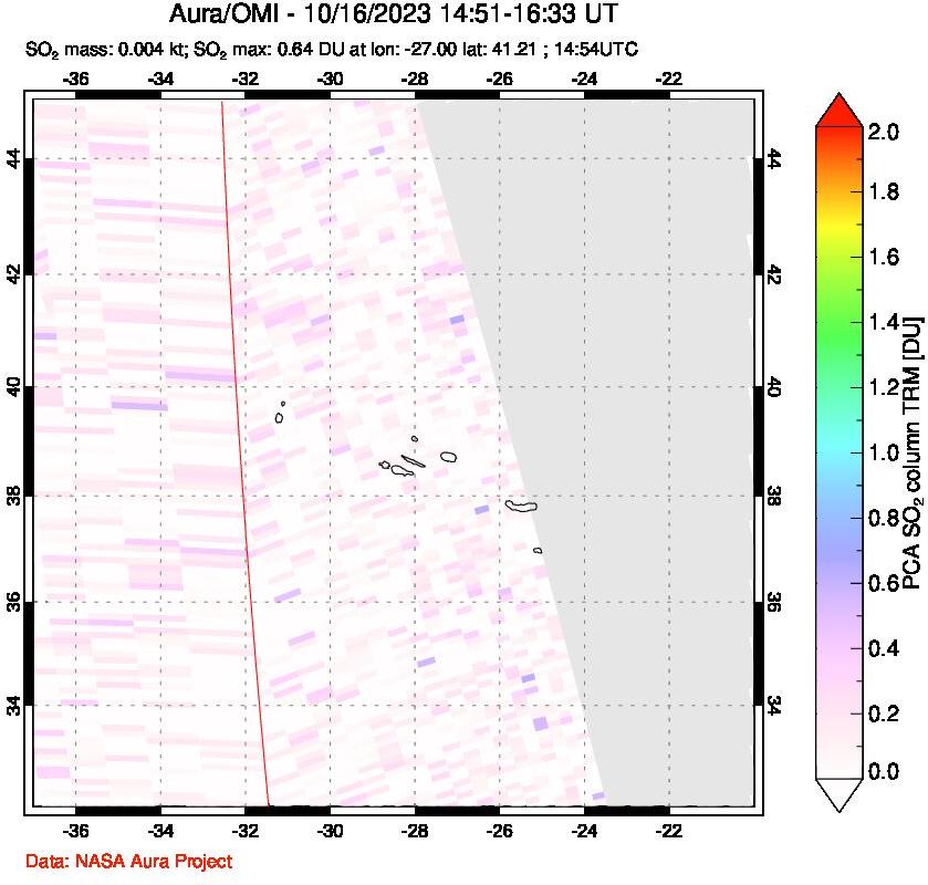 A sulfur dioxide image over Azore Islands, Portugal on Oct 16, 2023.