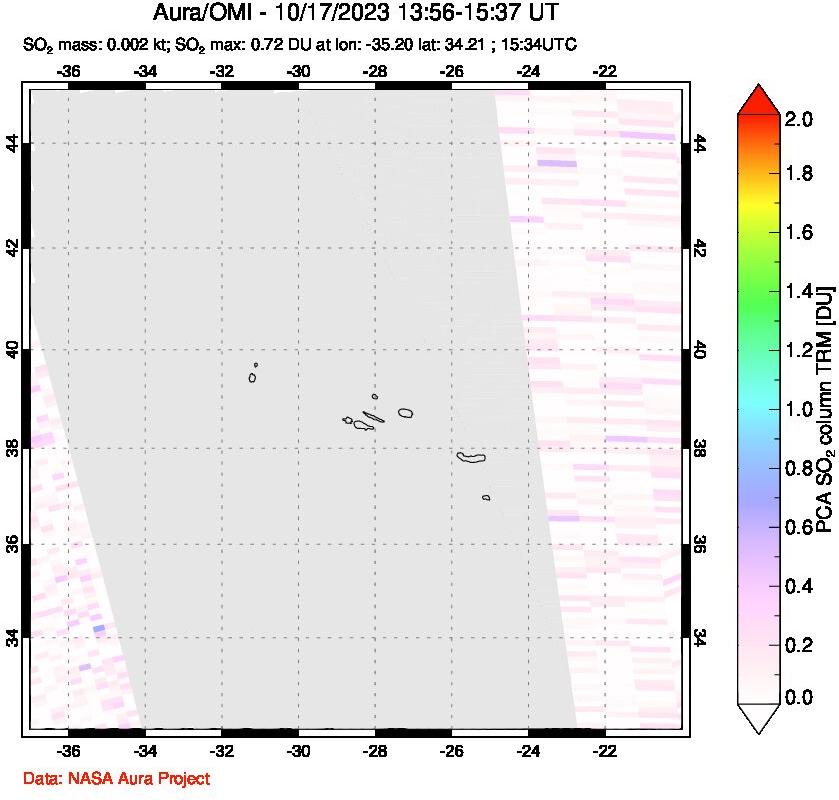 A sulfur dioxide image over Azore Islands, Portugal on Oct 17, 2023.